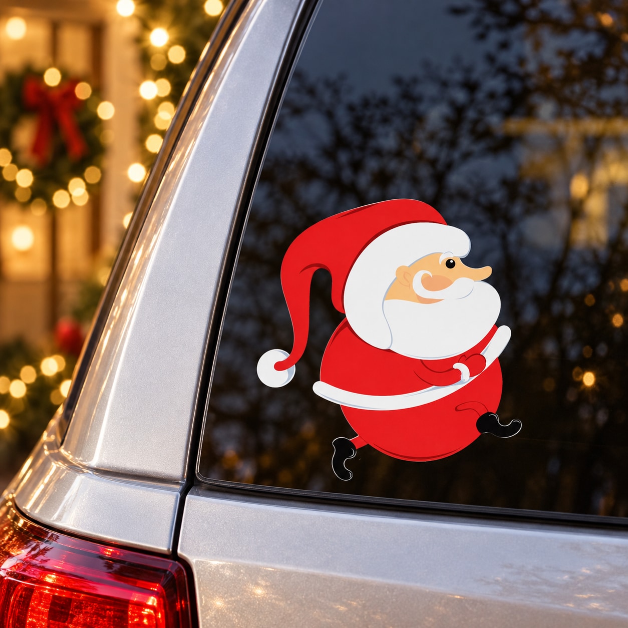Christmas Santa sneaking window sticker, red and white cartoon Santa on dark glass