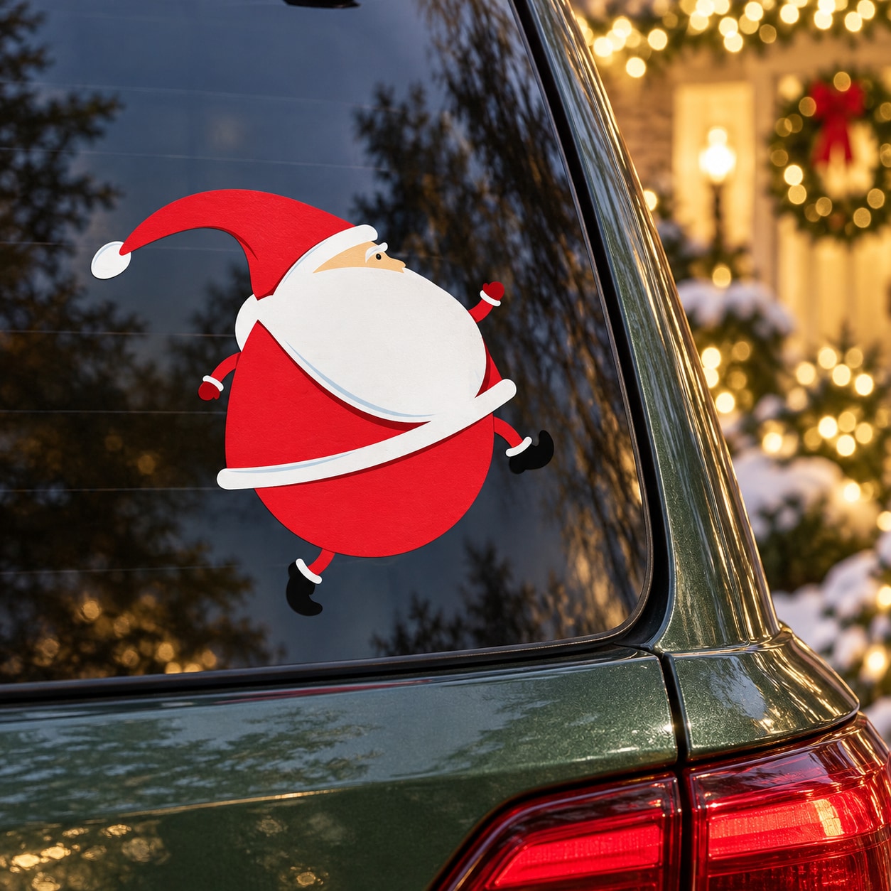 Santa tiptoe sneak Christmas sticker with red-suited cartoon Santa on car window
