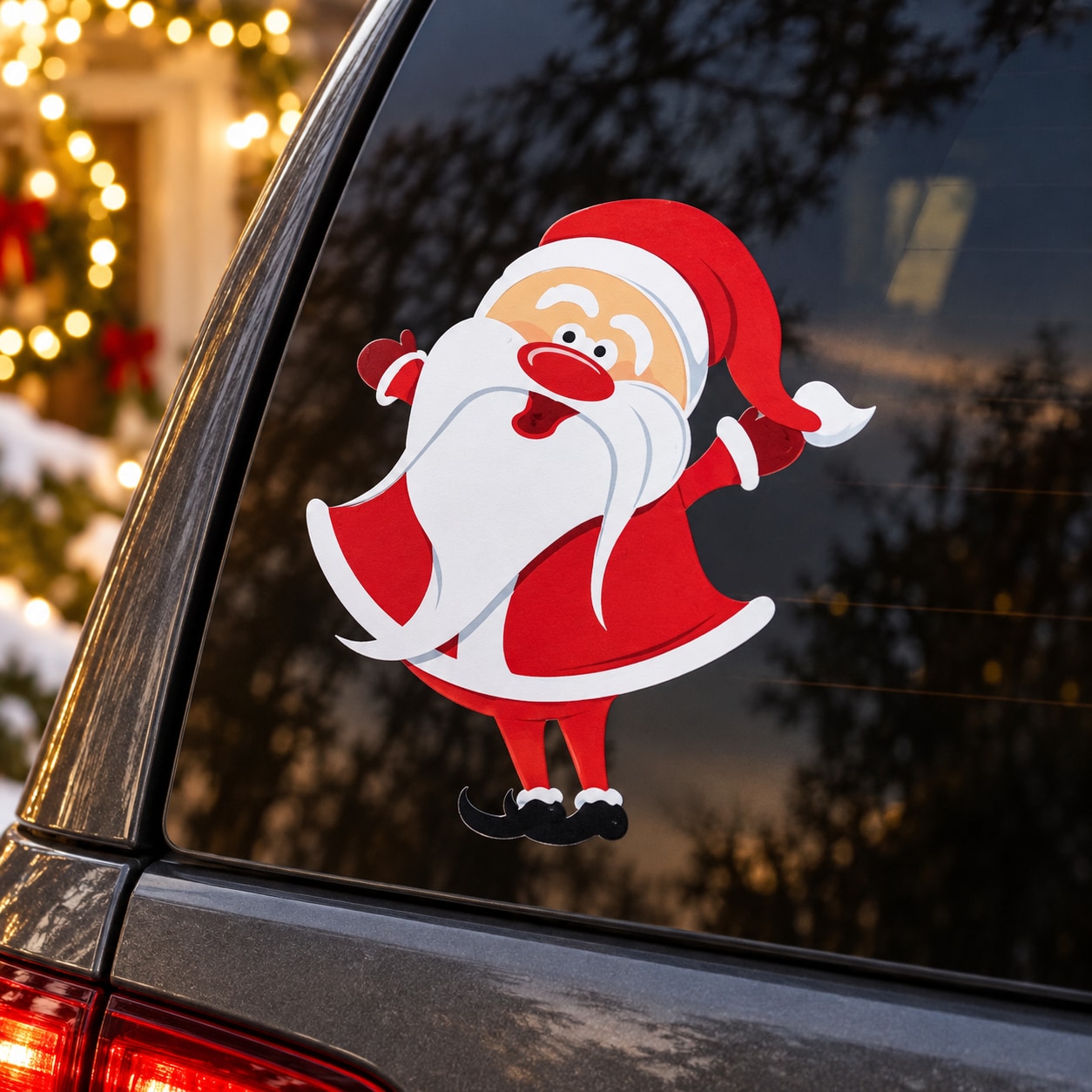Santa greeting sticker with smiling red-suited cartoon Santa and white beard