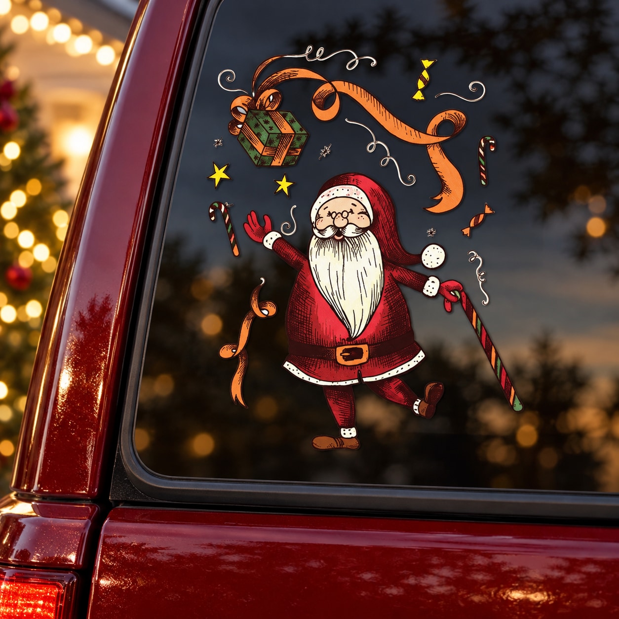 Santa Christmas decal with presents and candy canes on dark surface