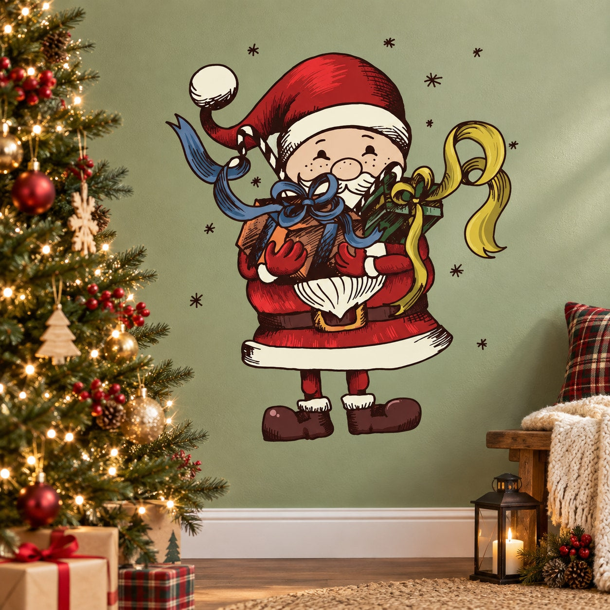 Christmas Santa wall decal, red suit and hat, holding gift sack with ribbon and stars
