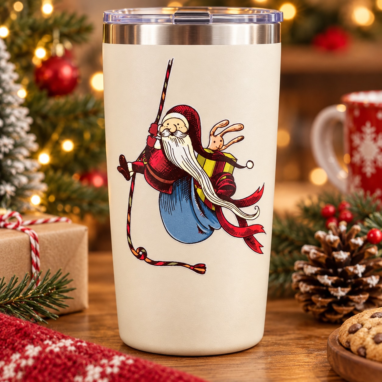 Christmas Santa rope-swing sticker on white insulated tumbler, red and blue design