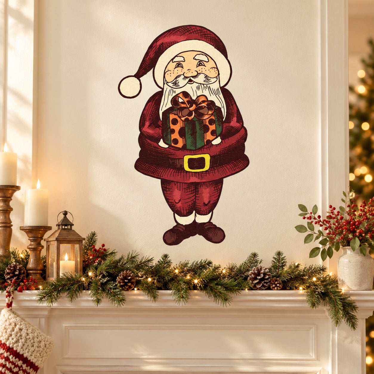 Santa sticker holding wrapped present, red hat and coat, Christmas pose