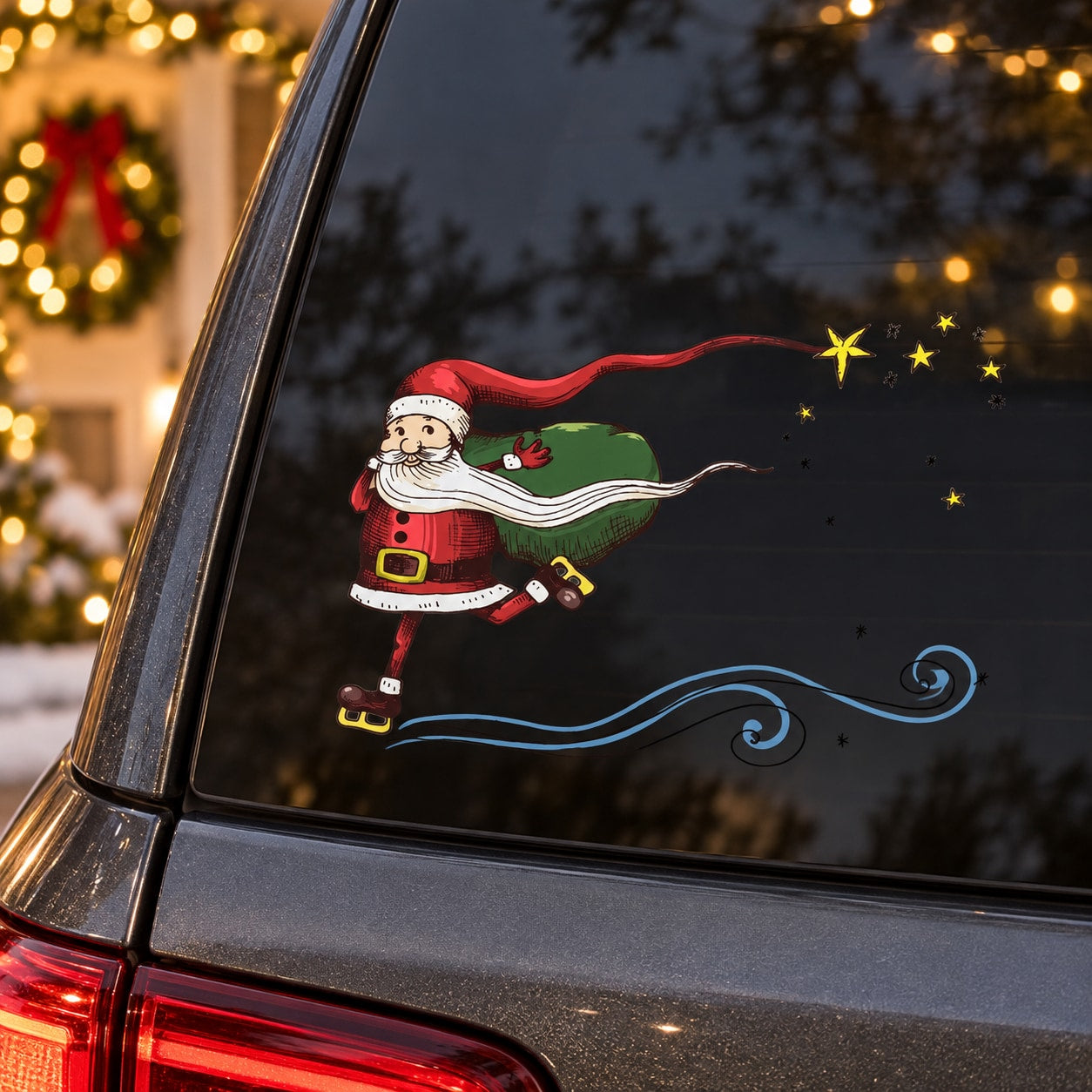 Santa ice skating Christmas car window decal with green sack and sparkle stars