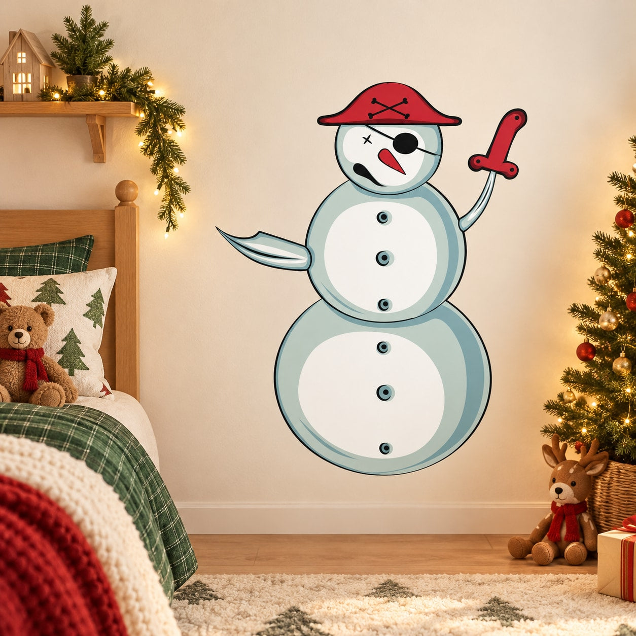 Pirate snowman sticker with red tricorn hat and crossed-bones emblem, holding a sword