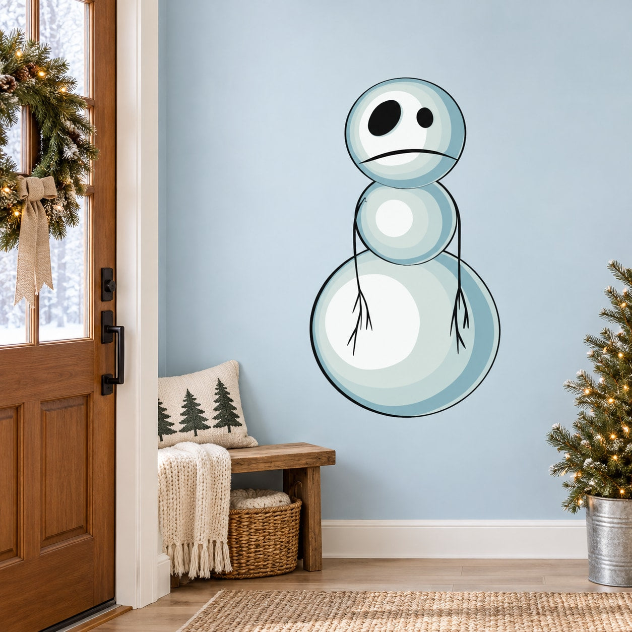 Christmas snowman sticker with sad face, blue outline and big round body
