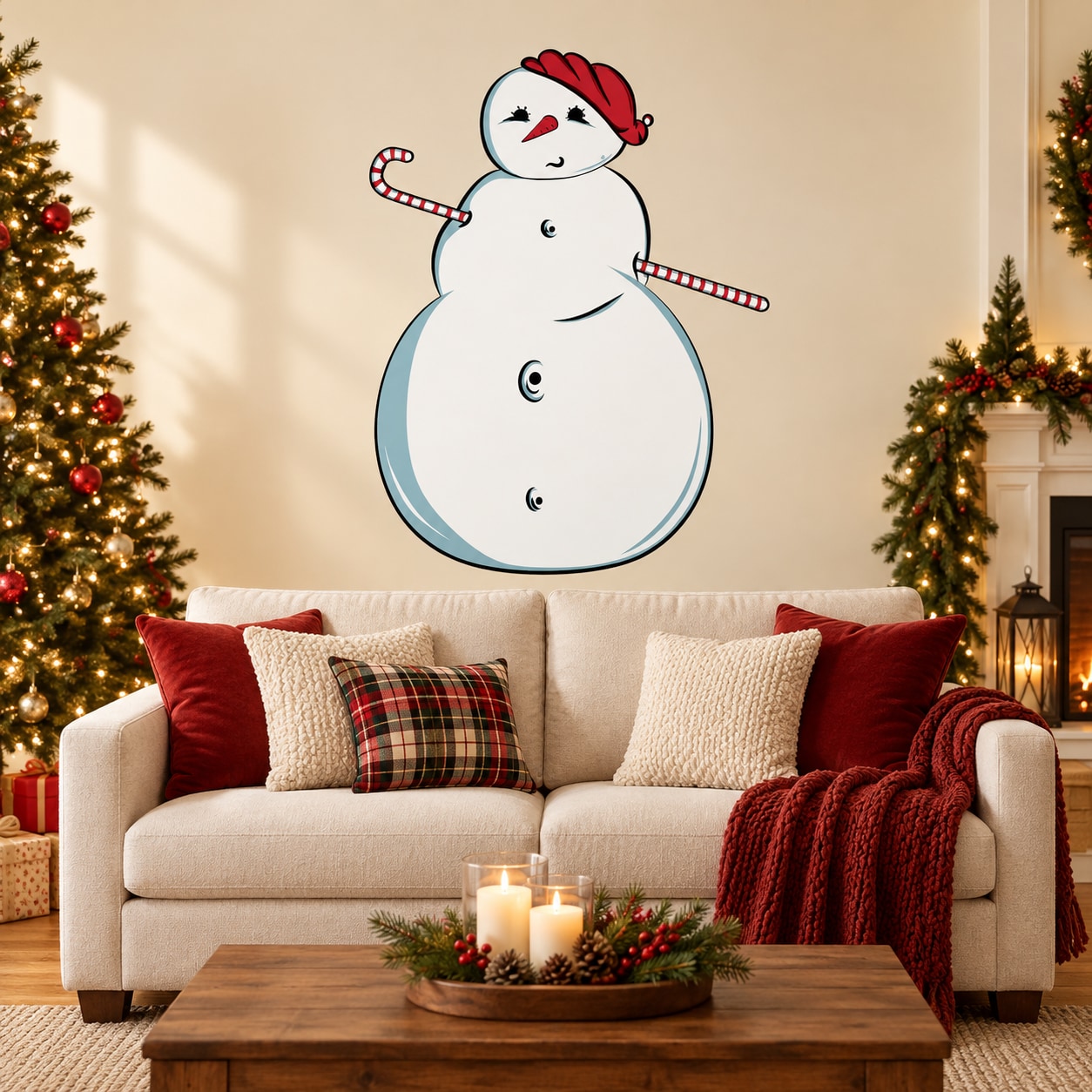 Snowman wall sticker with red hat and candy cane arms