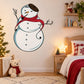 Cartoon snowman sticker with blue body, red scarf, brown hat and carrot nose