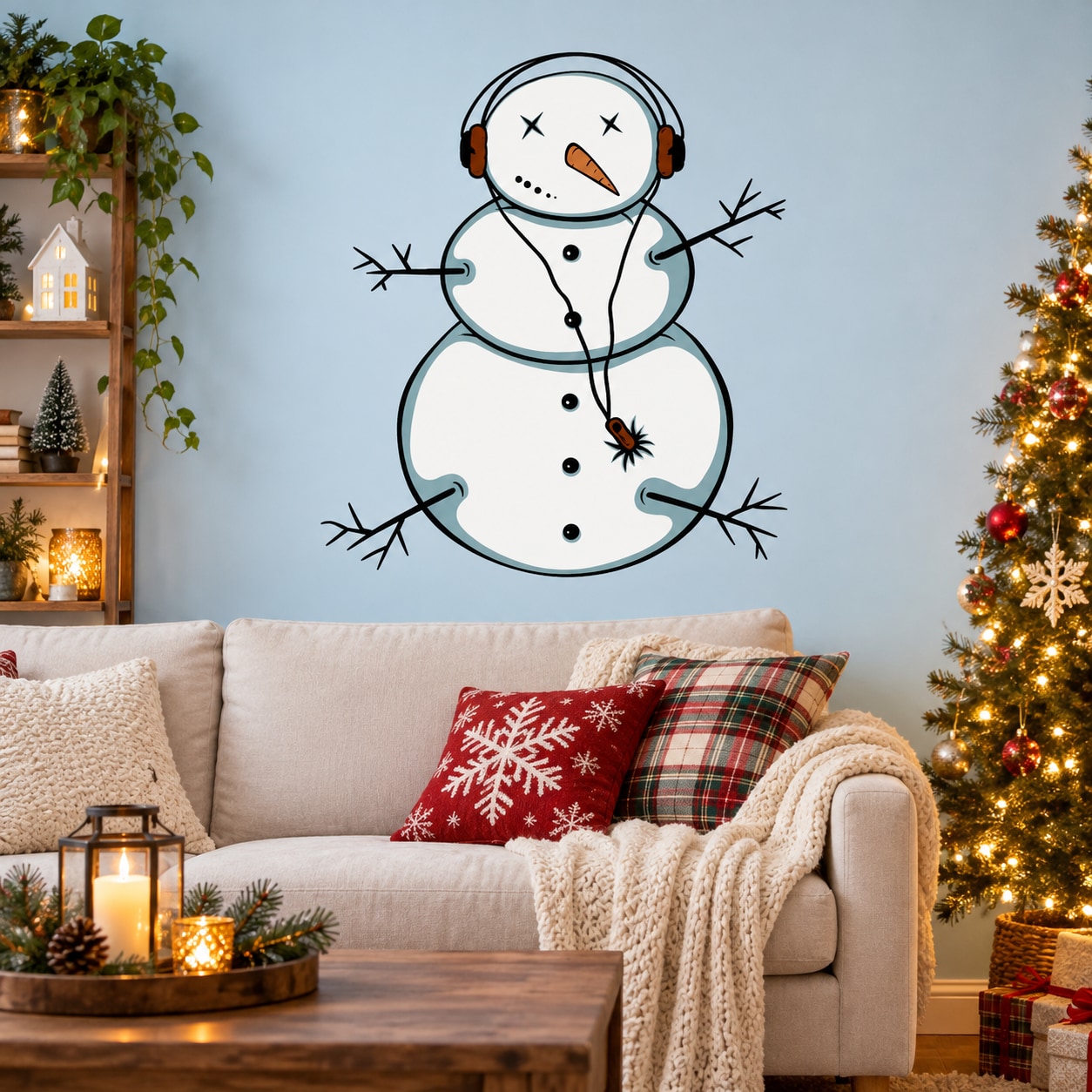 Snowman headphones sticker with black headphones, carrot nose, and twig arms
