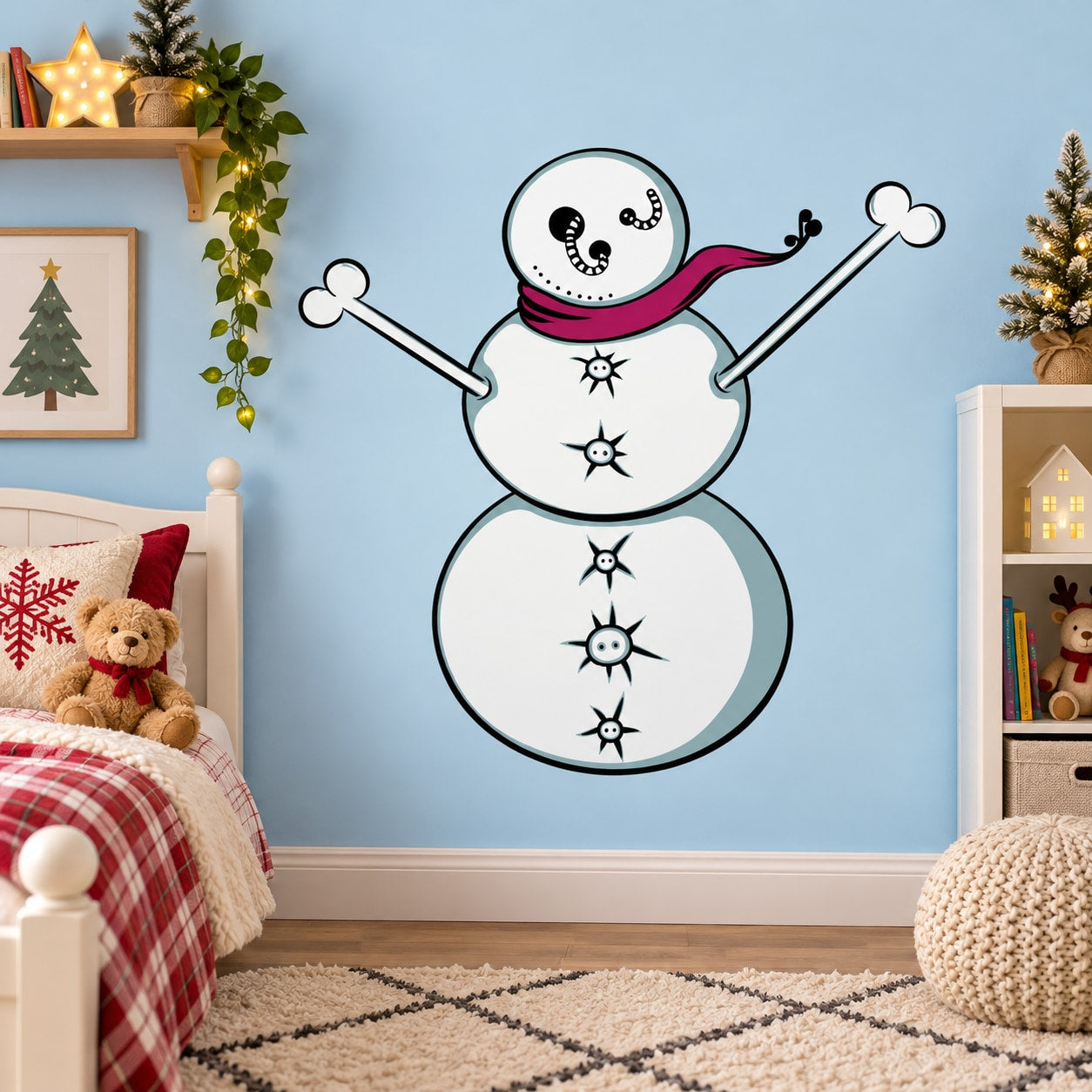 Christmas snowman sticker with punk bones face, star accents, and crossed bone arms