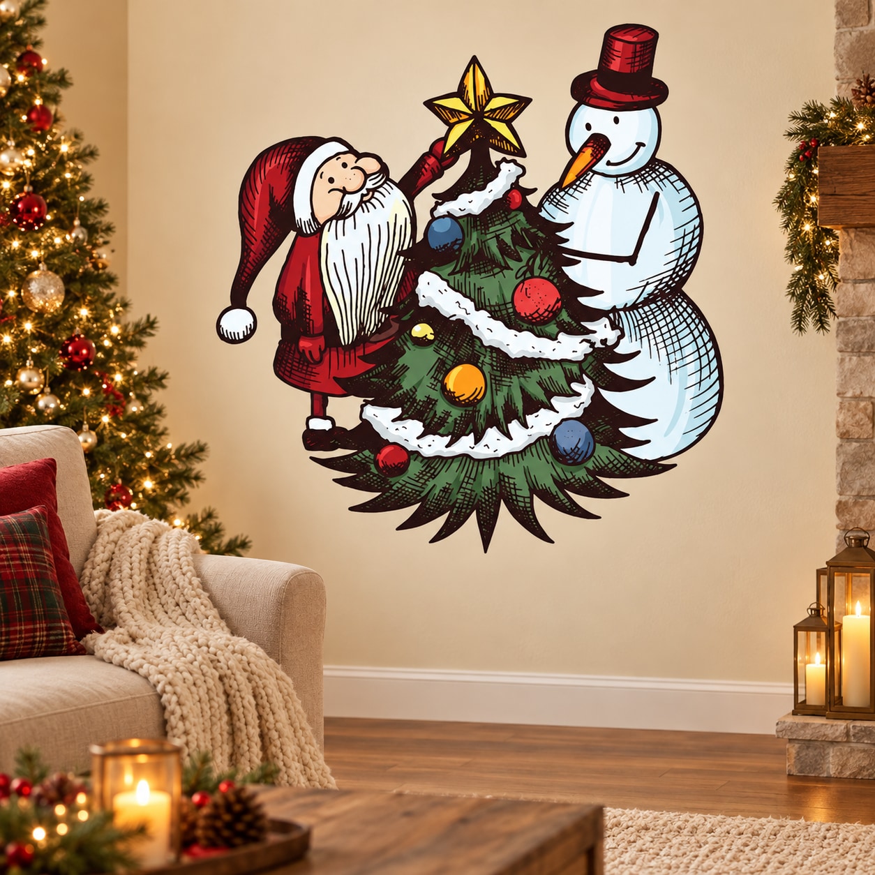 Christmas Santa and snowman wall sticker with decorated tree and stars