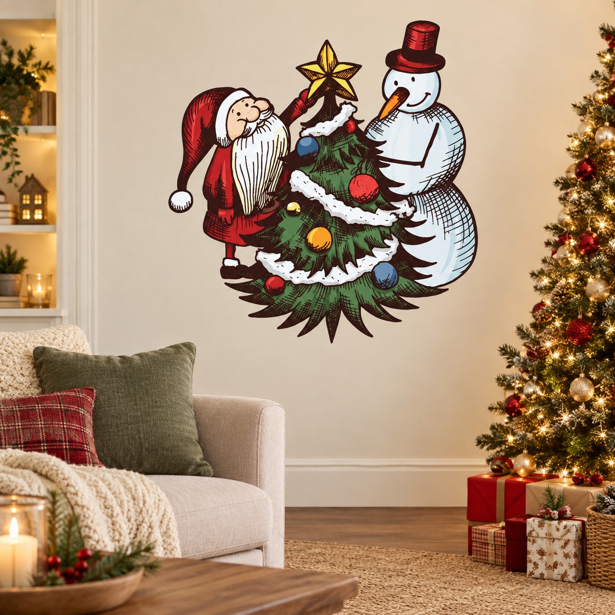 Christmas Santa and snowman wall sticker with wreath tree graphic