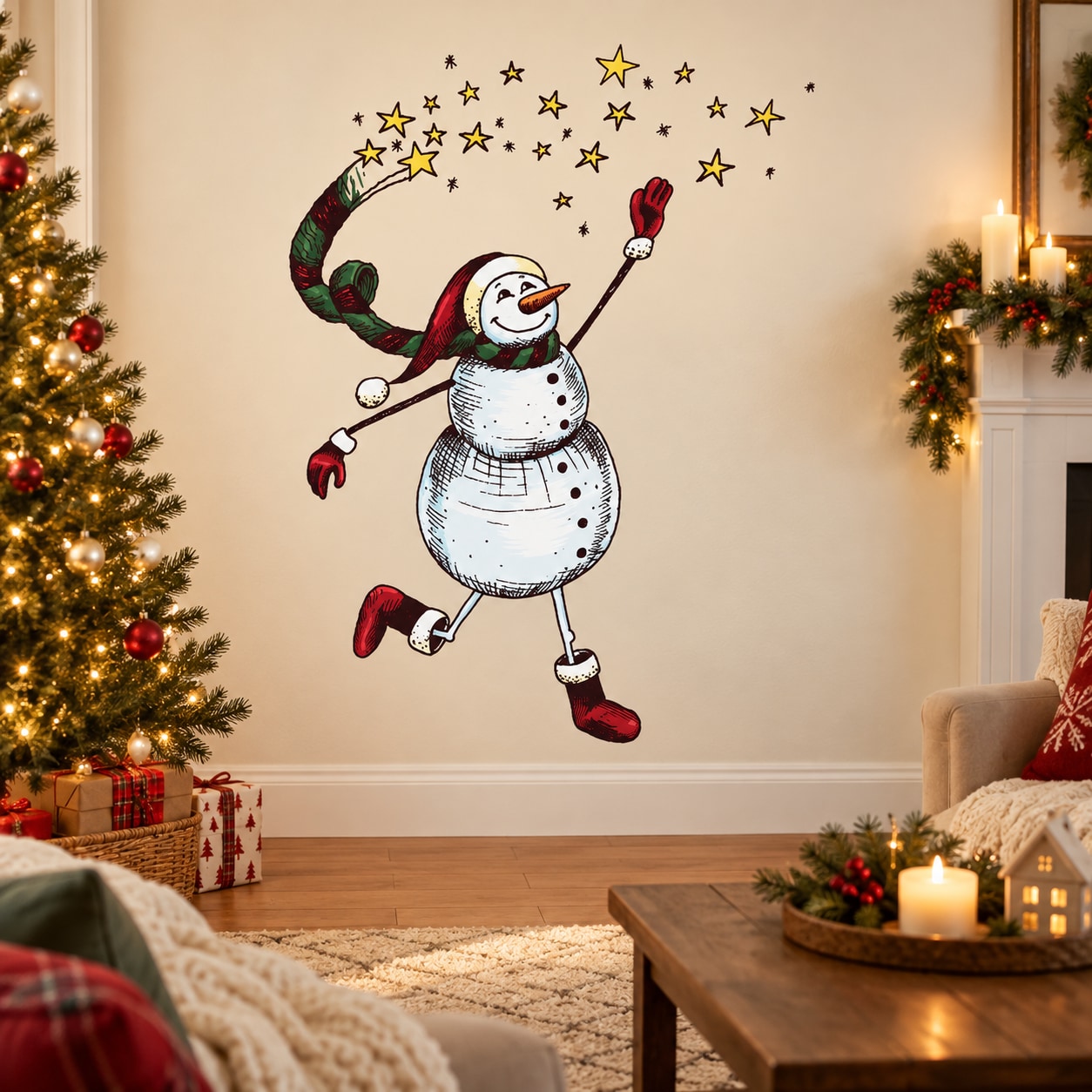 Christmas snowman wall decal, smiling figure with red scarf and stars surrounding