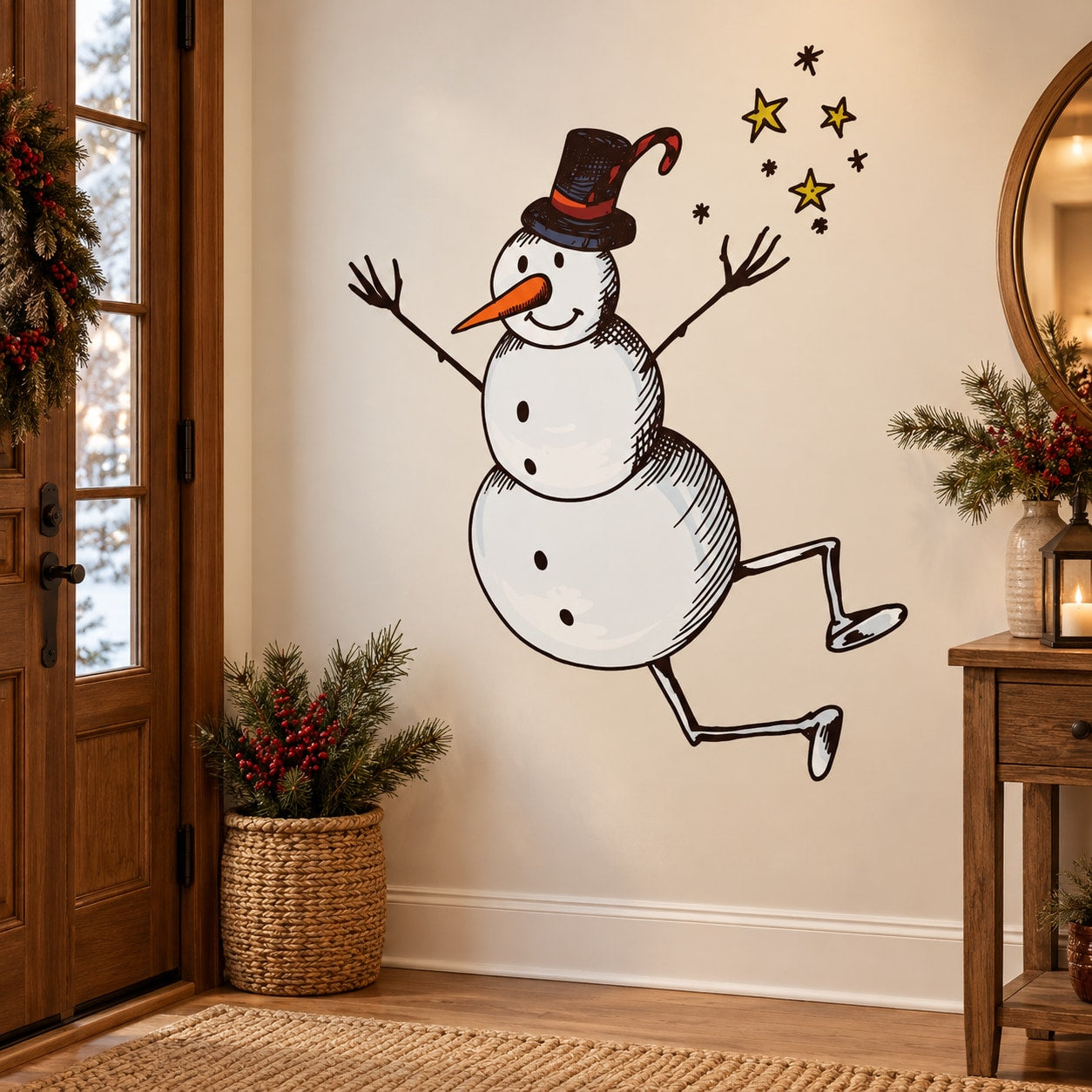 Snowman wall decal with top hat, waving arms and star accents