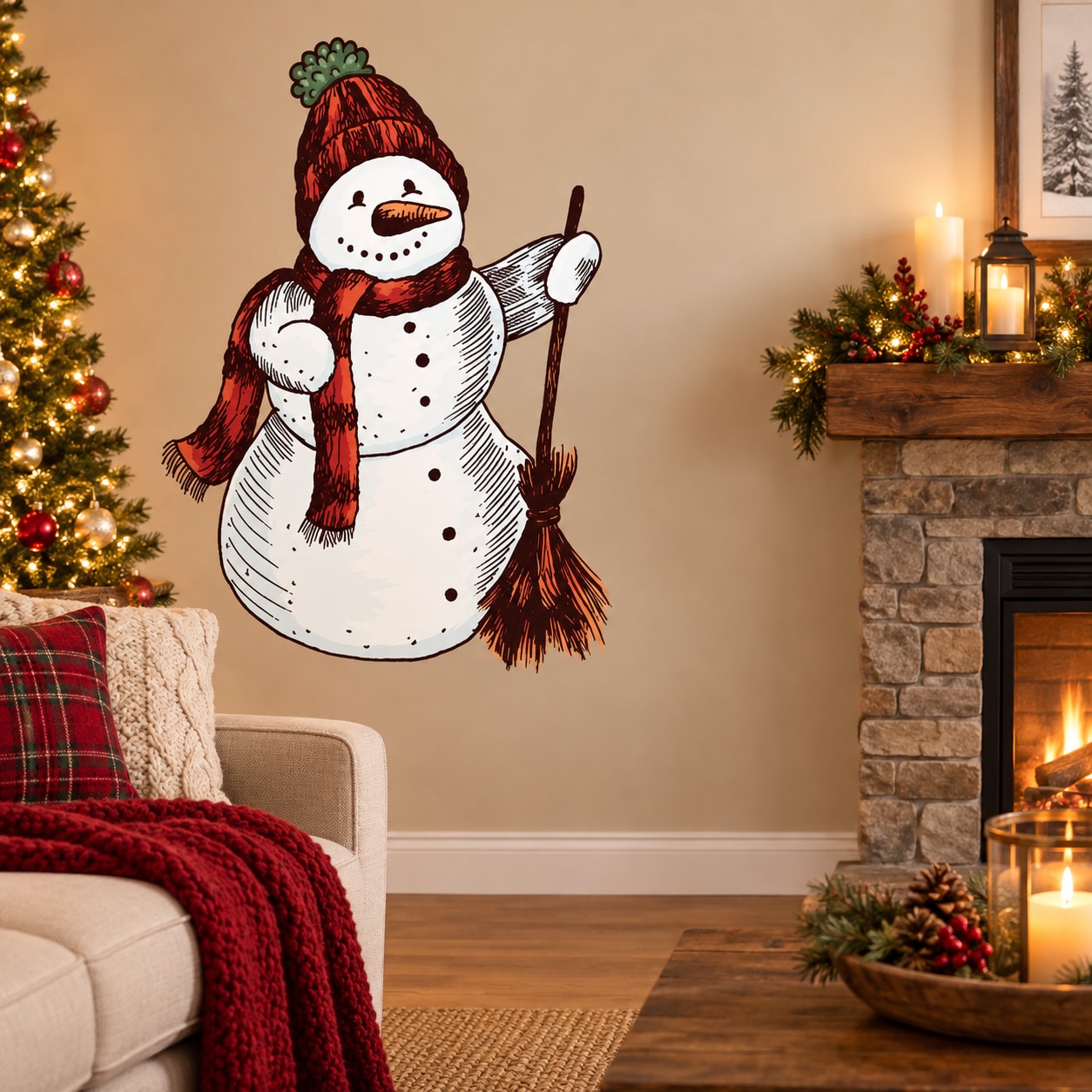 Snowman wall decal wearing red beanie and scarf, holding broom and waving