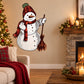 Snowman wall decal wearing red beanie and scarf, holding broom and waving