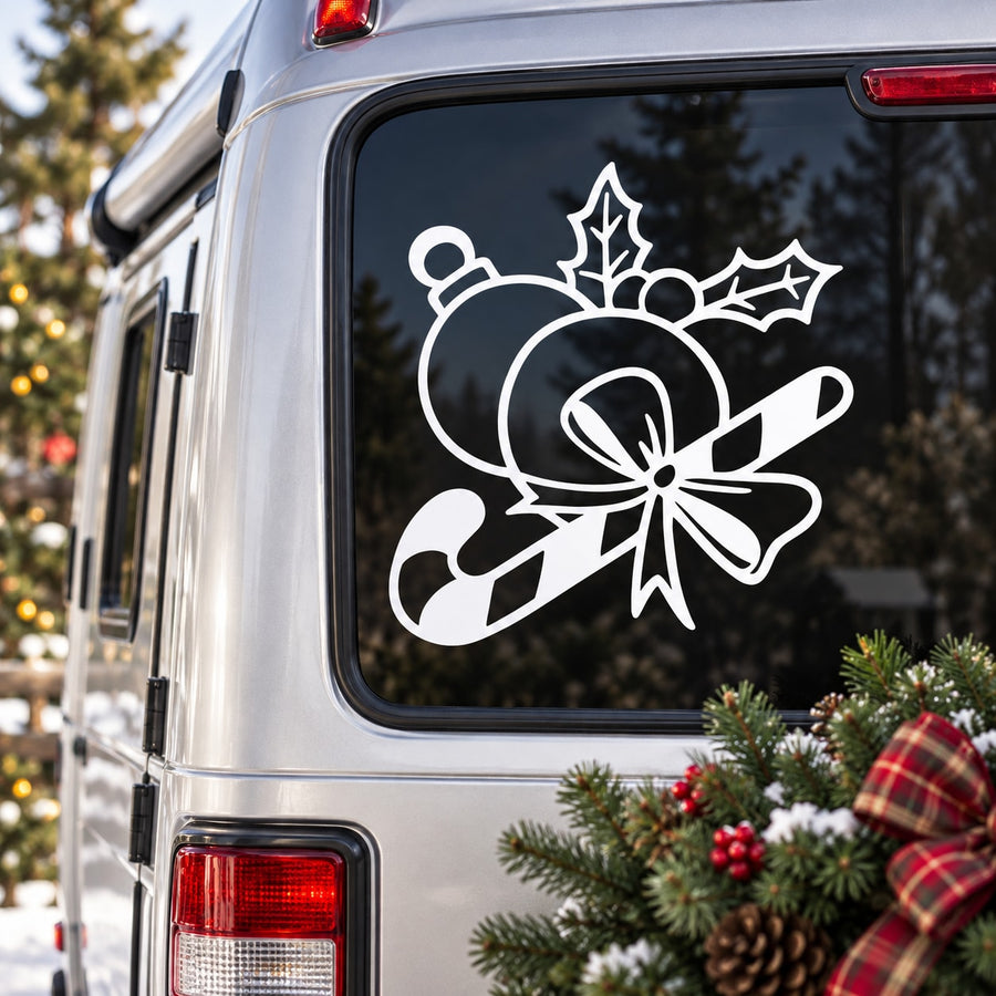White candy cane and ornament window decal with holly leaves and bow