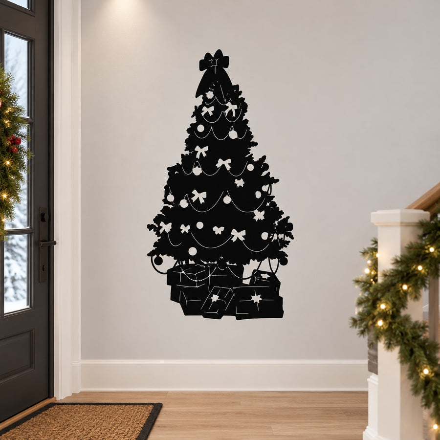 Black Christmas tree wall decal with bow accents and hanging ornaments