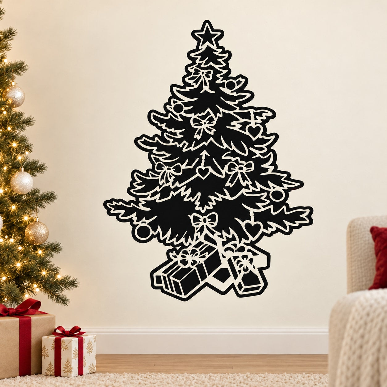Outlined Christmas tree wall decal with star and wrapped gift boxes