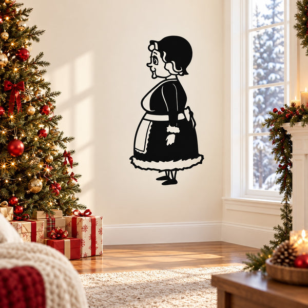 Black outline Mrs Claus profile wall decal of standing woman in dress