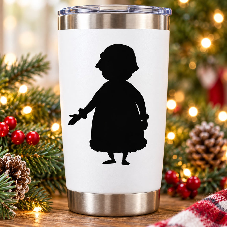 Mrs Clause silhouette decal on white tumbler: black standing woman in dress and hat