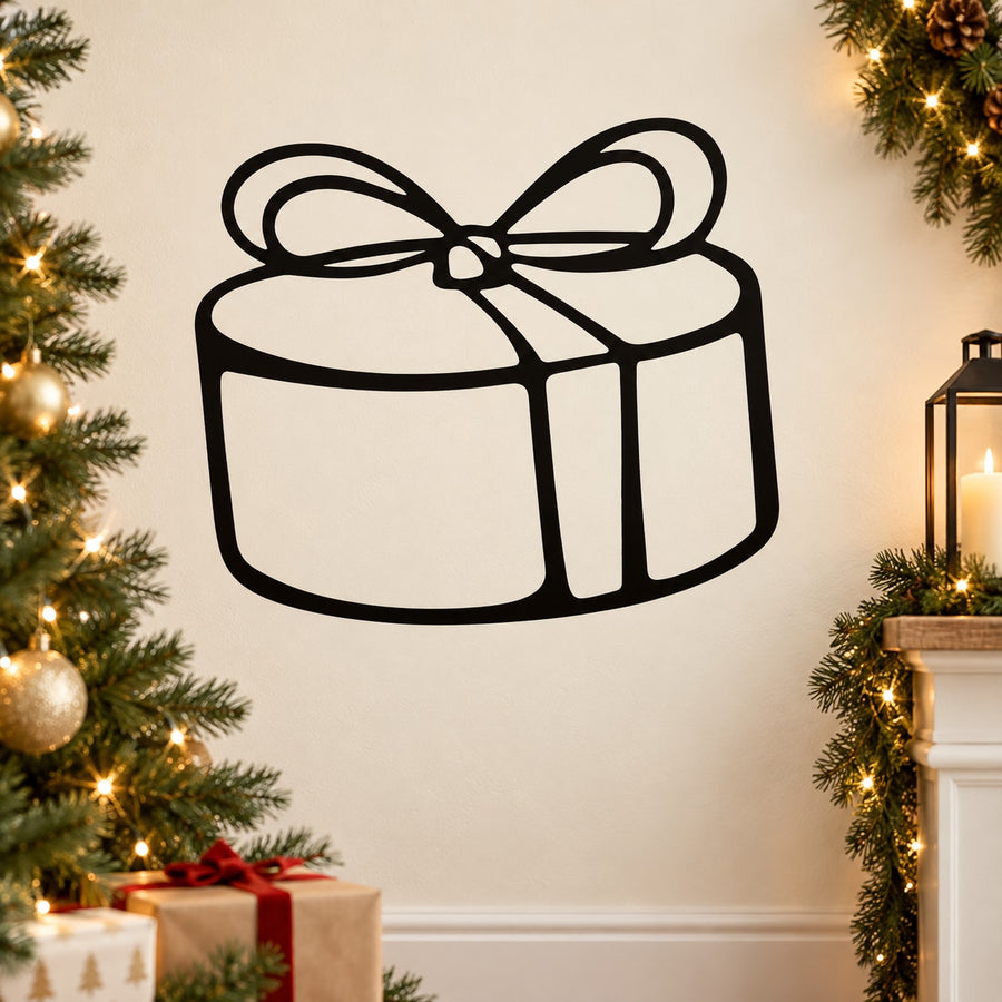Gift box present decal with ribbon bow, black outline on light background