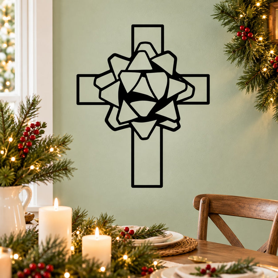 Decorative cross decal with Christmas bow, black outline