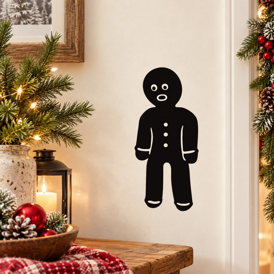 Standing gingerbread man wall decal, black silhouette with button details