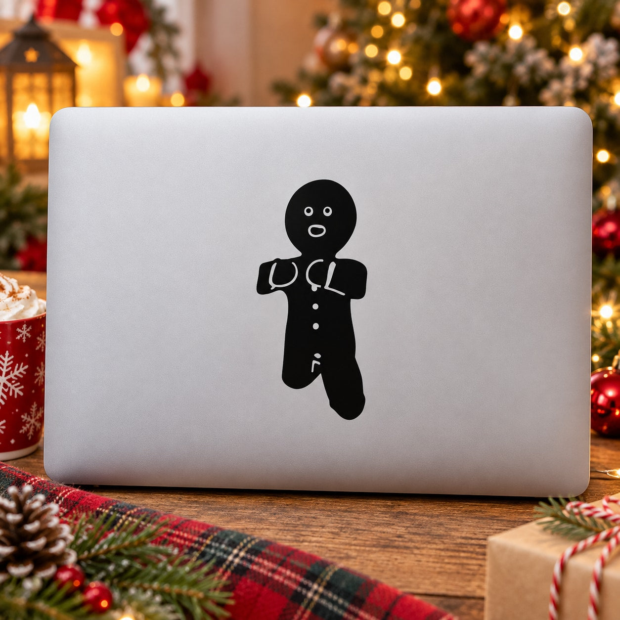 Black gingerbread man silhouette decal with face, buttons, and icing details