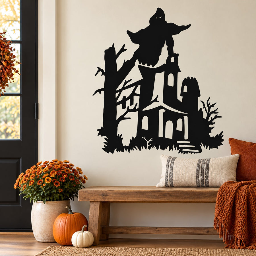 Black haunted house wall decal with ghost silhouette, spooky trees, and picket fence