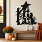 Black haunted house wall decal with ghost silhouette, spooky trees, and picket fence