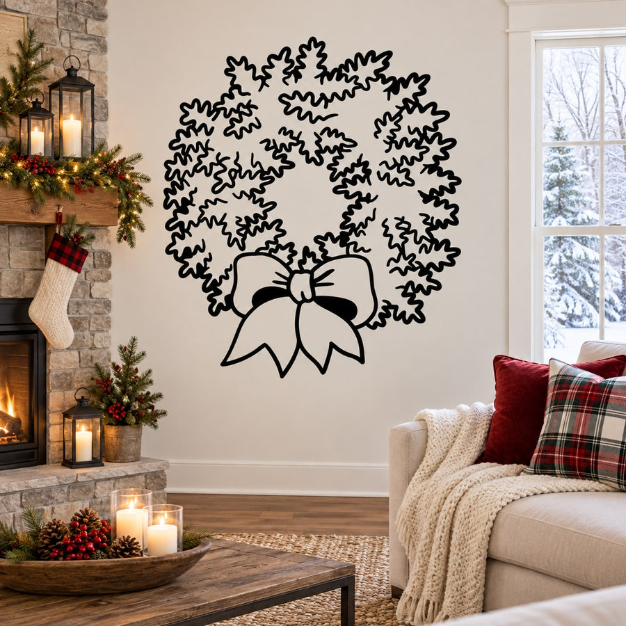 Pine Wreath Decal — illustrative vinyl decal application mockup. Surrounding objects are not included.