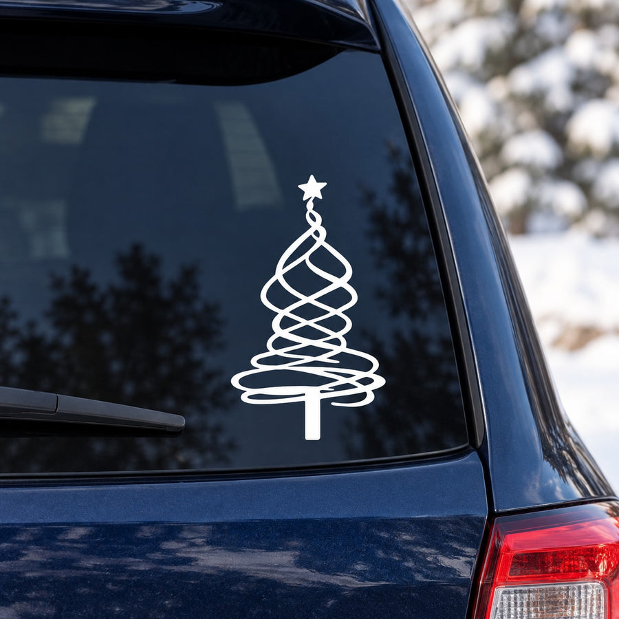 Swirled Christmas tree decal, white outline spiral tree on dark car window
