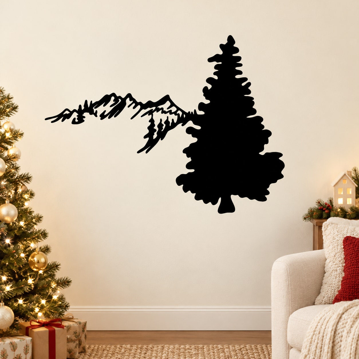 Black pine tree and mountain range wall decal silhouette