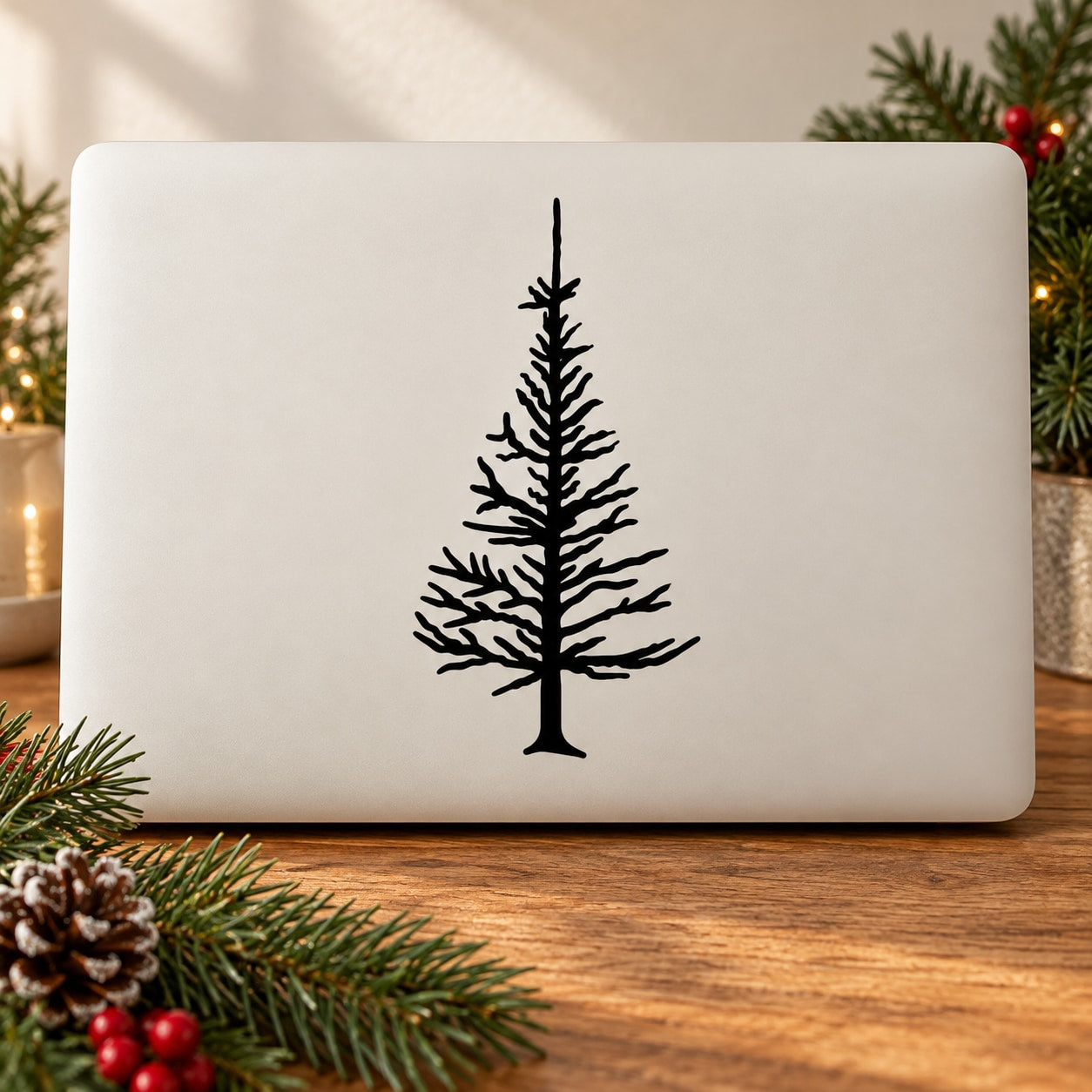 Christmas pine tree wall decal, black bare tree silhouette on white backing