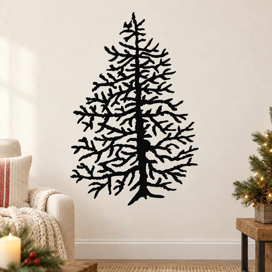 Black bare pine tree wall decal with branching silhouette