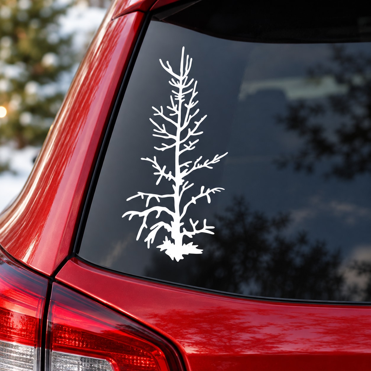 White Christmas tree decal with branch and snowflake design on window