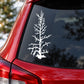 White Christmas tree decal with branch and snowflake design on window