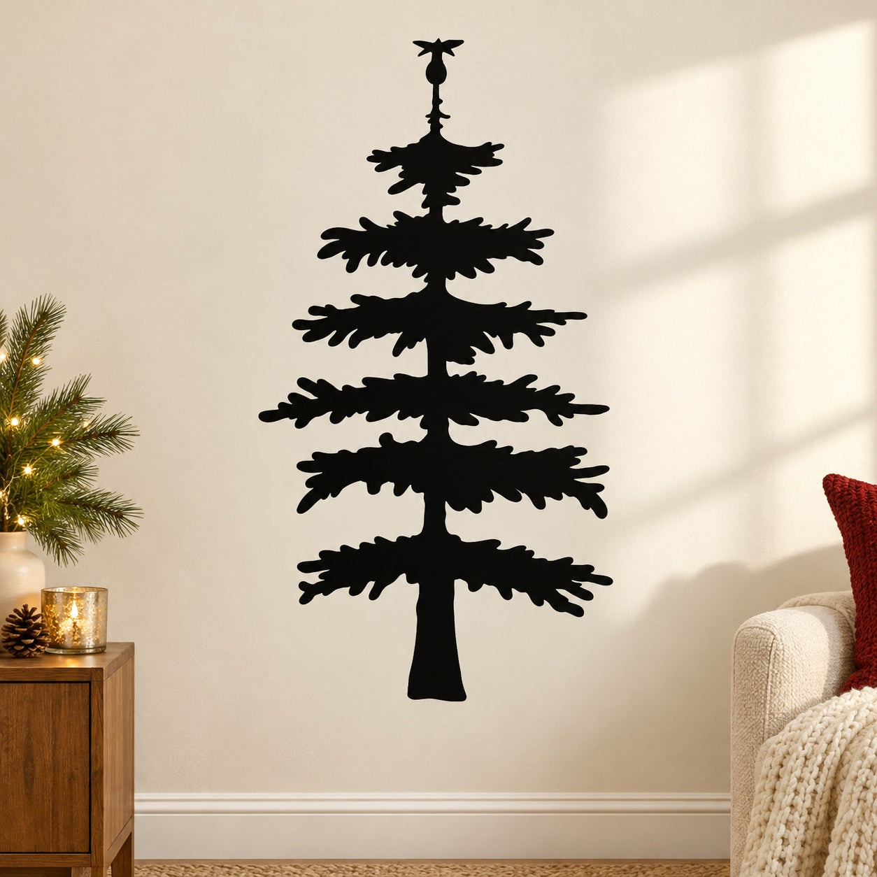 Black layered pine tree wall decal, silhouetted branch design