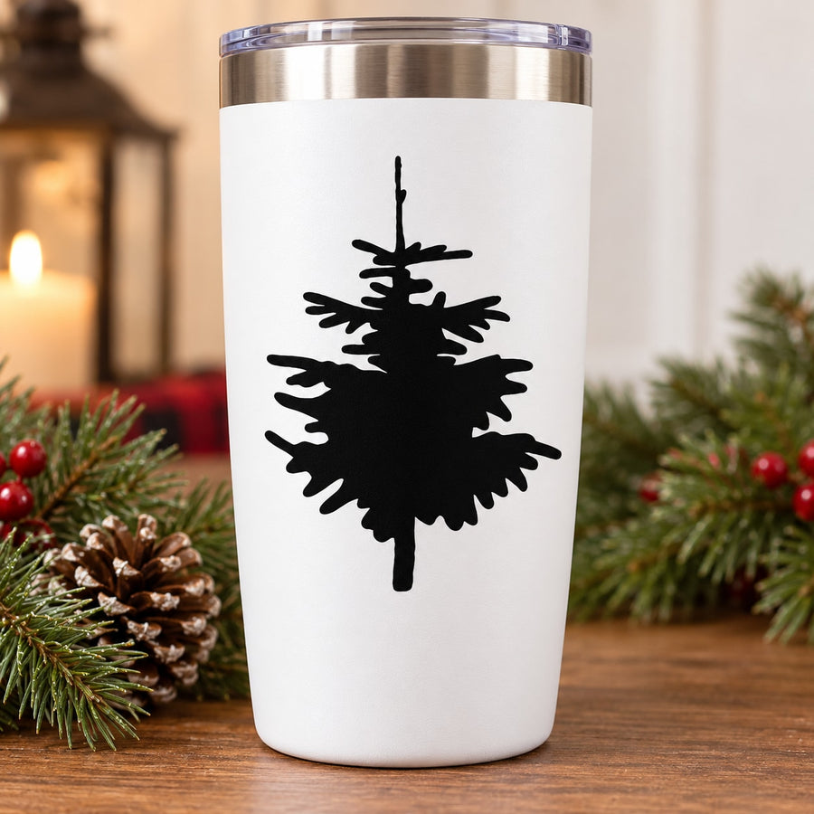 White tumbler with black pine tree decal silhouette