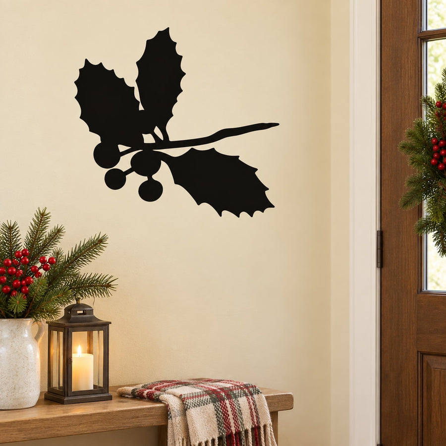 Black holly branch with berry silhouette wall decal