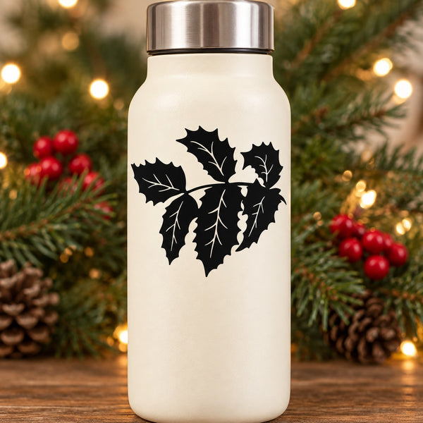 Holly leaf decal with black holly leaf silhouettes on a white bottle