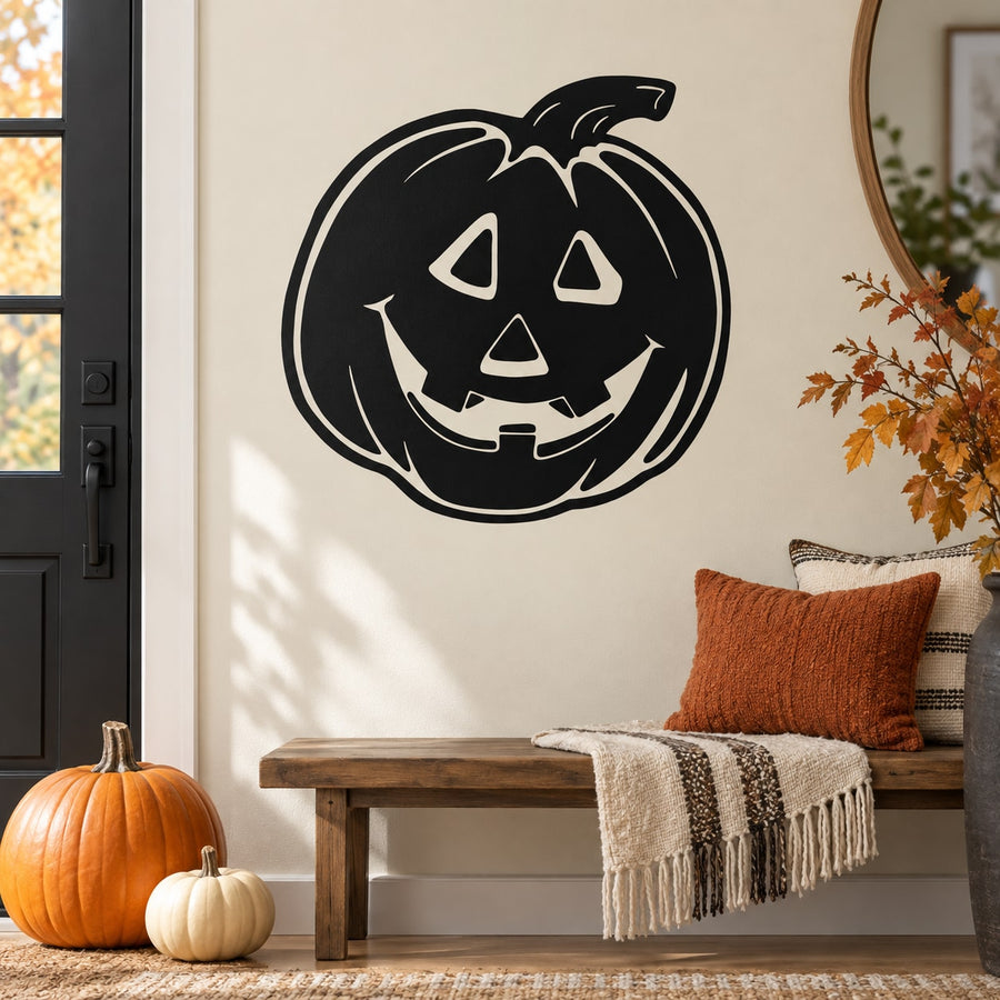 Black jack-o-lantern face decal with carved pumpkin eyes and smile