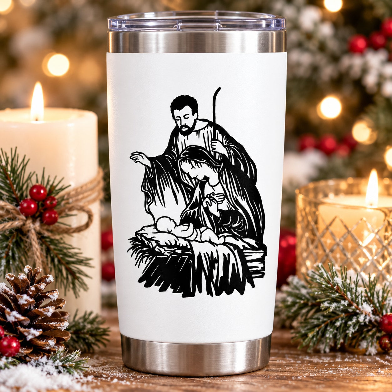 Stainless steel tumbler with black manger scene vinyl decal, Jesus and angel