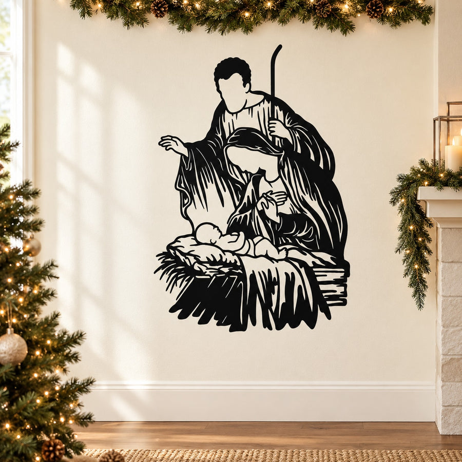 Nativity wall decal featuring baby Jesus with Mary and Joseph, black outline