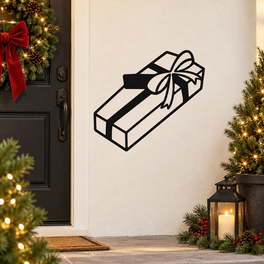 Christmas long gift box ribbon decal on white door