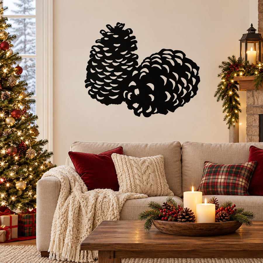Black pine cone wall decal with two pine cone silhouettes