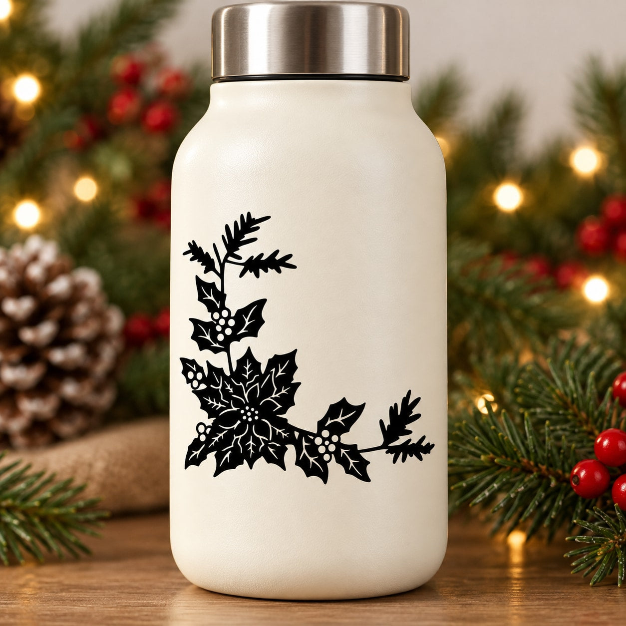 Black poinsettia corner decal with leaves and flowers on a white bottle