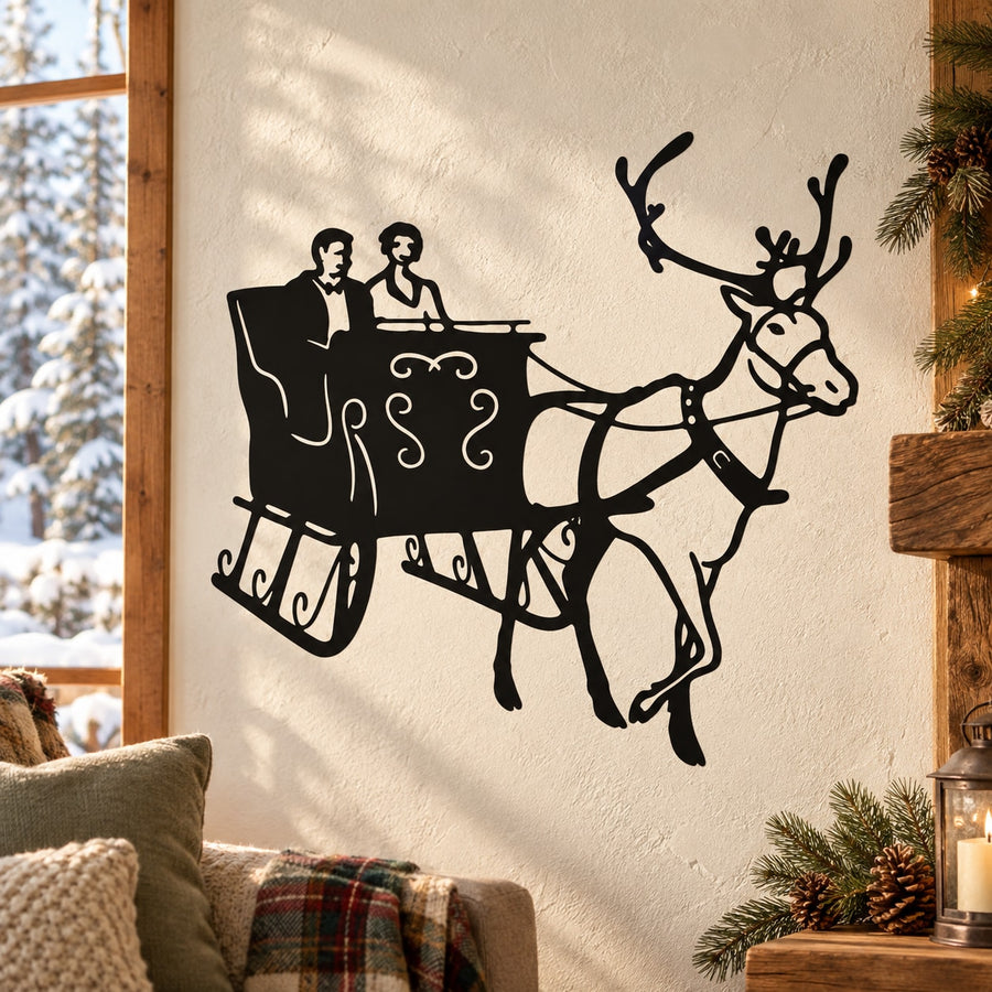 Black reindeer pulling couple in sleigh wall decal