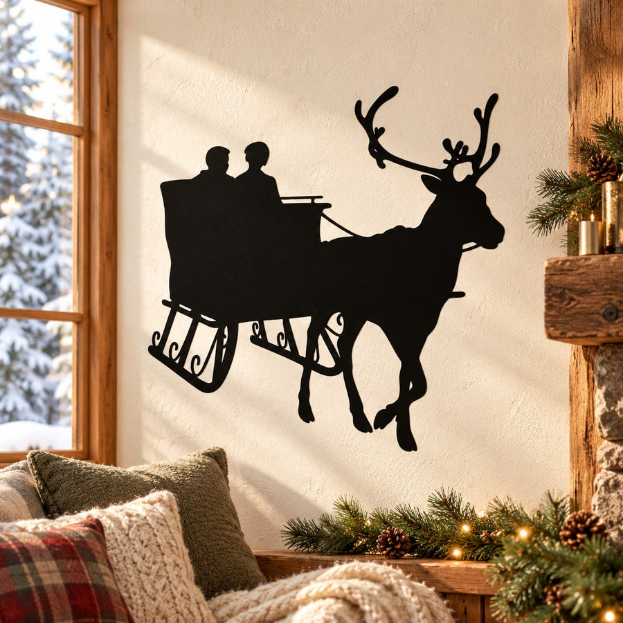 Black reindeer pulling cart wall decal with sleigh silhouette